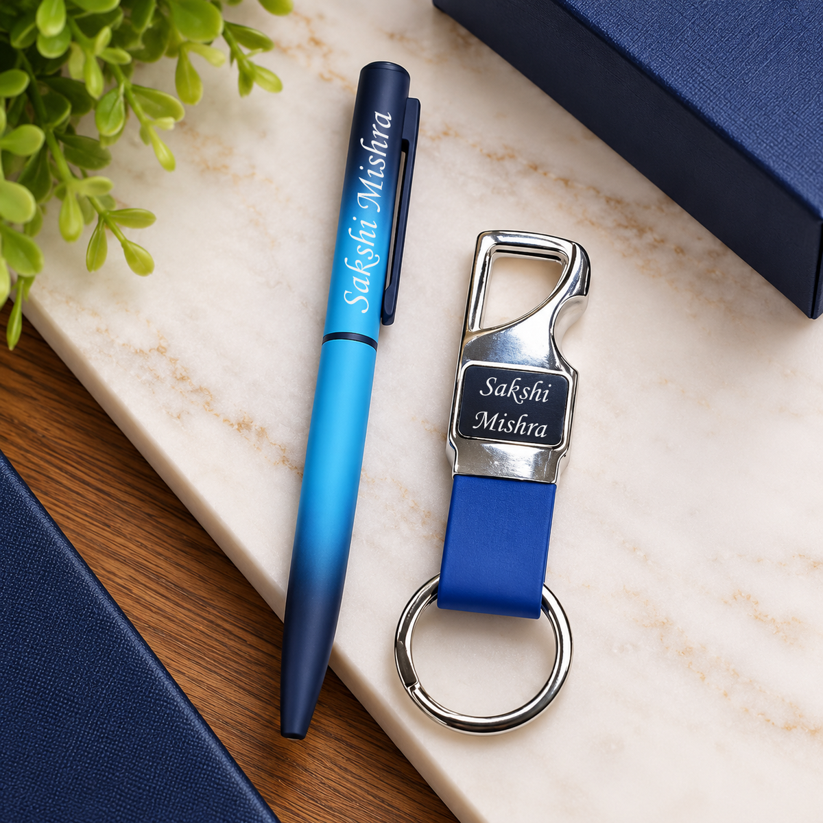 Personalized Pen & Keychain Set | Blue