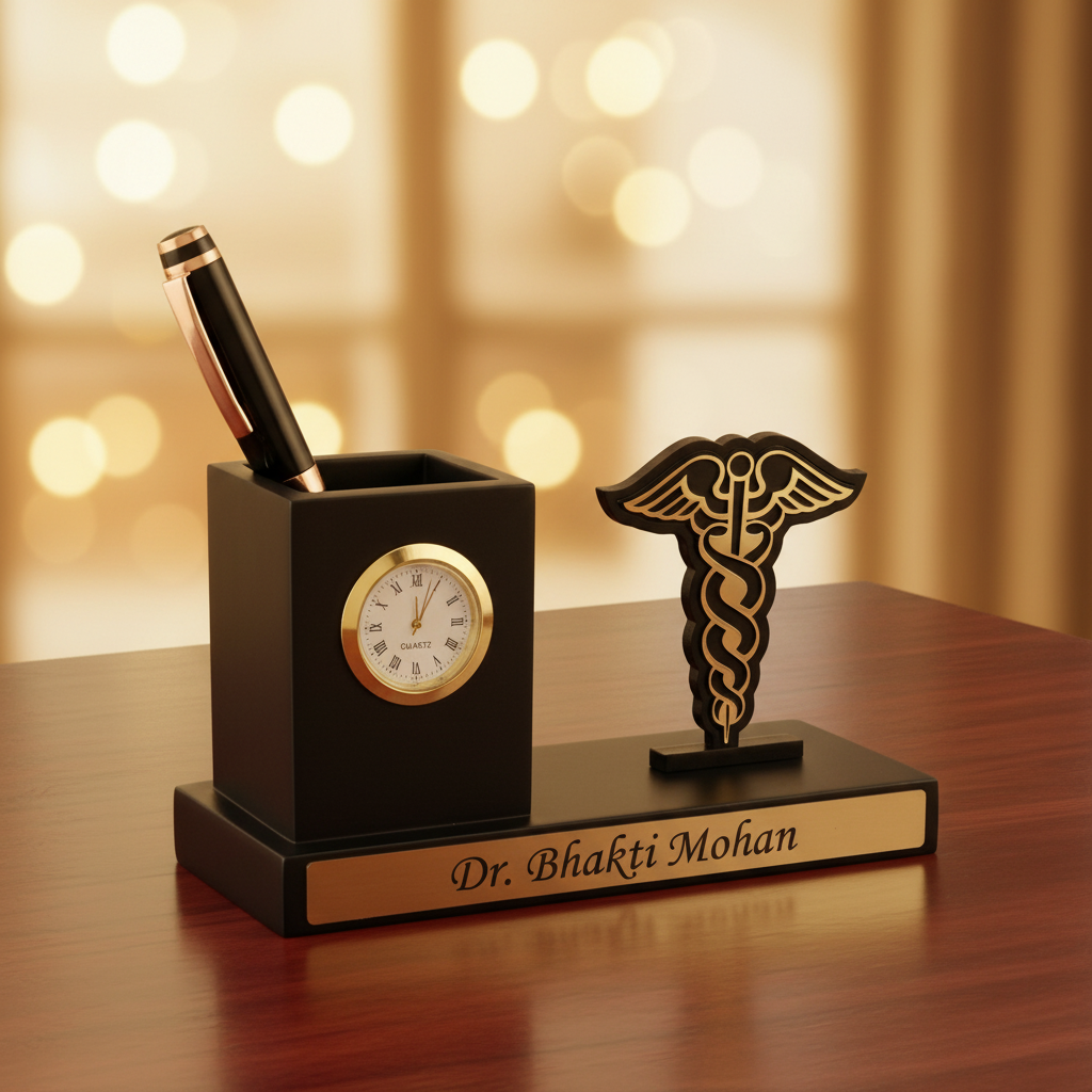 Personalized Doctor's Pen Stand with Analog Clock, Caduceus Symbol and Engraved Name
