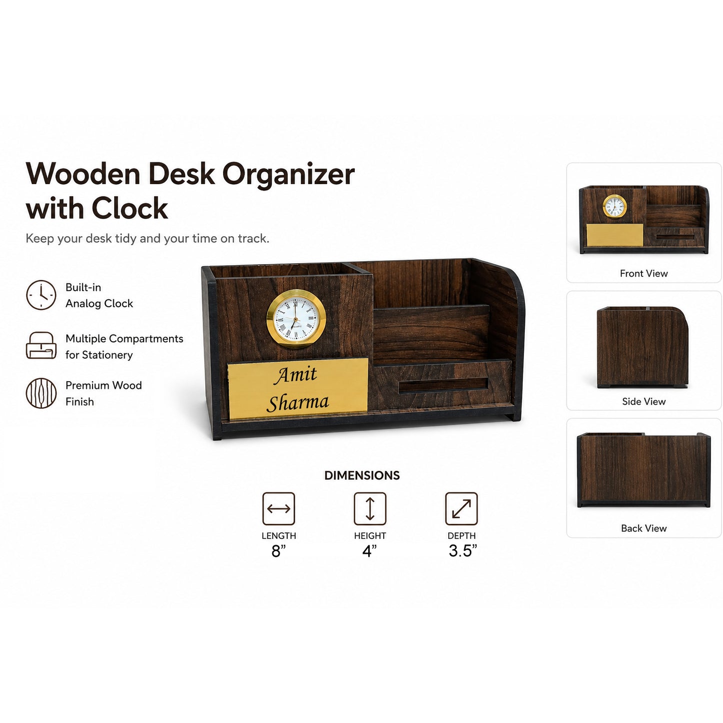 Wooden Desk Organizer With Clock