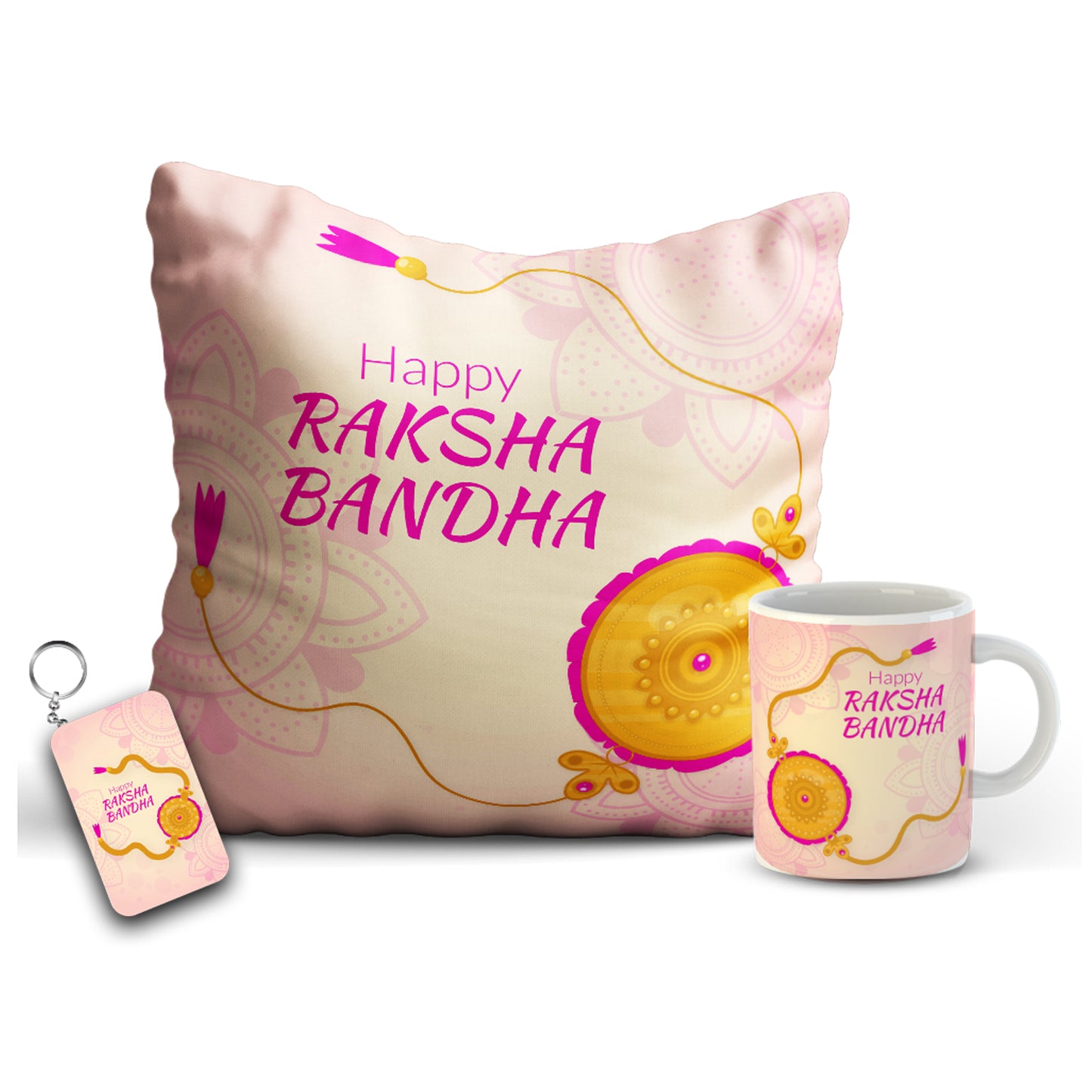 Happy Raksha Bandhan gift Combo includes Mug, Key chain, 12x12 Cushion with filler | Combo18