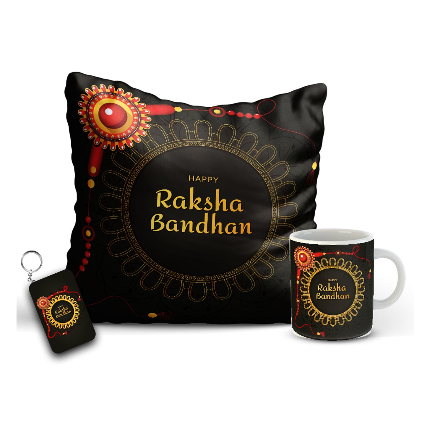 Happy Raksha Bandhan gift Combo includes Mug, Key chain, 12x12 Cushion with filler | Combo16