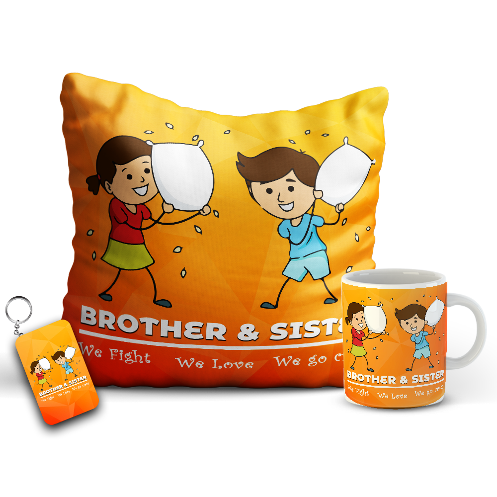 Brother Sister Fighting Combo includes Mug, Key chain, 12x12 Cushion with filler | Combo19