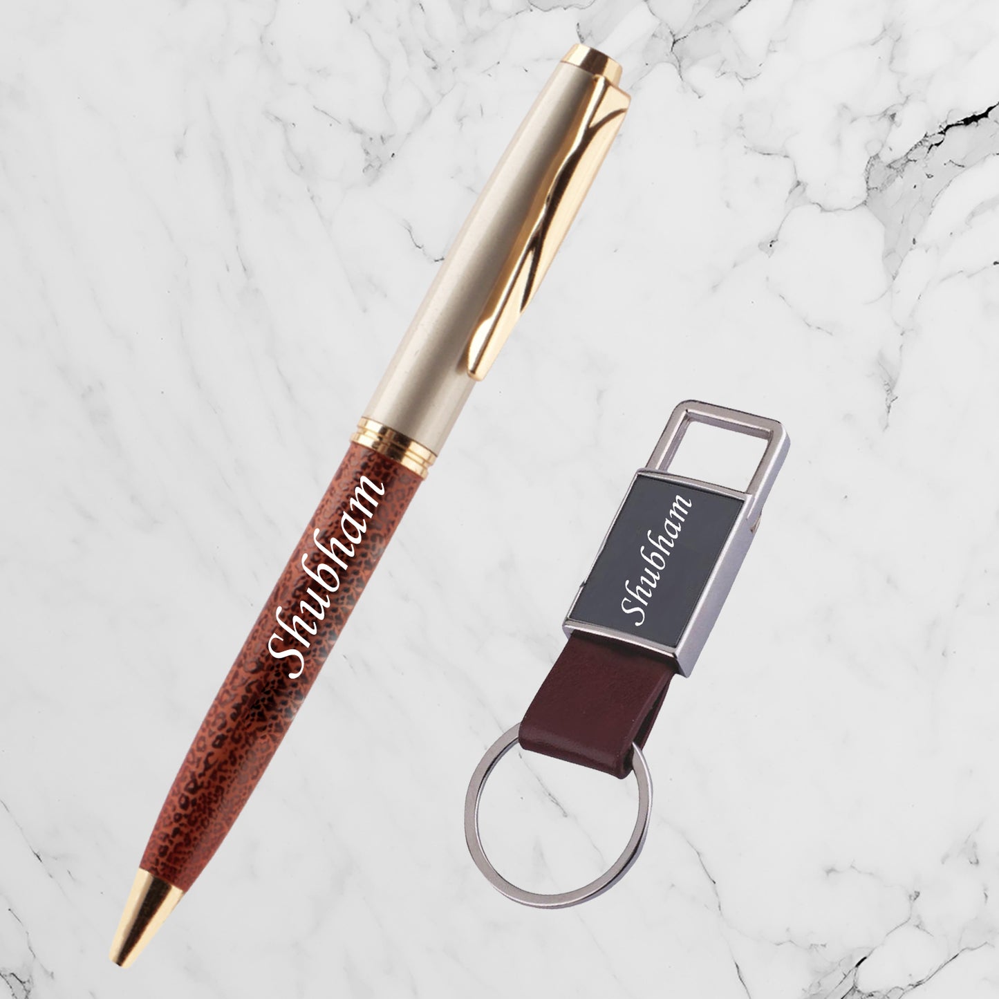 Personalized Pen & Keychain set | Tan