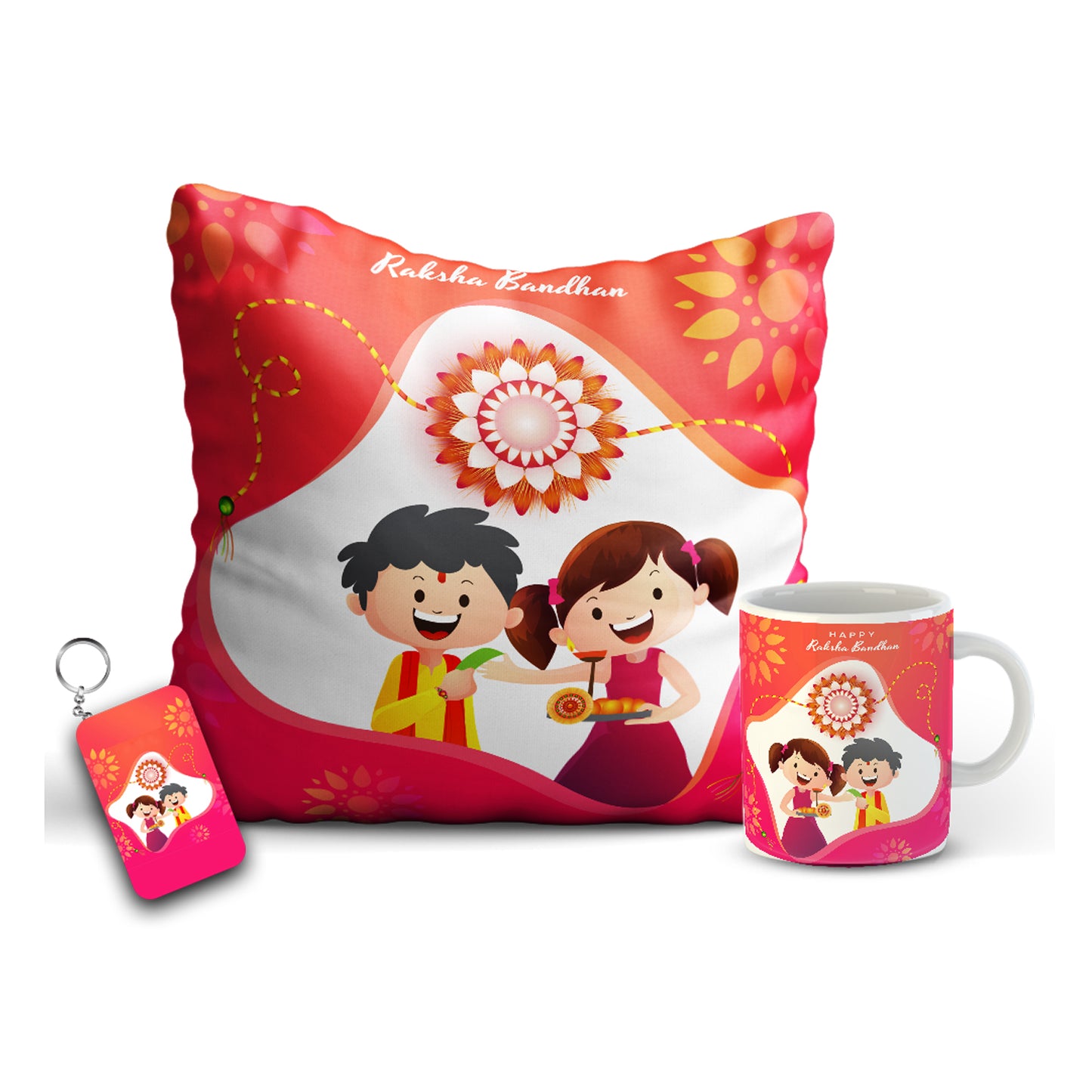 Happy Raksha Bandhan gift Combo includes Mug, Key chain, 12x12 Cushion with filler | Combo17