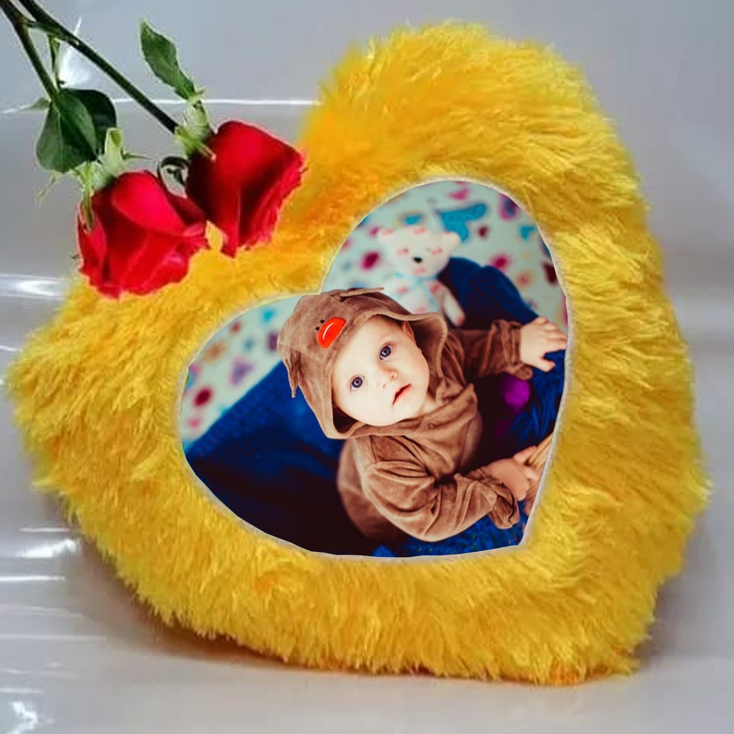 Fur Heart Cushion 16x16 inches | Yellow
