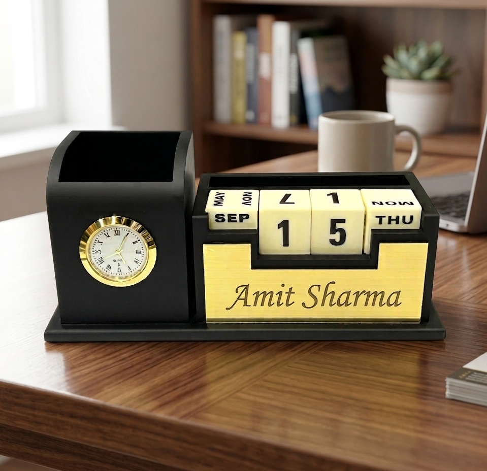Personalized Desk pen stand with Clock, infinity calendar & Mobile stand