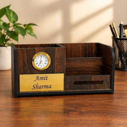 Wooden Desk Organizer With Clock