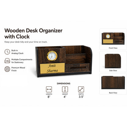 Wooden Desk Organizer With Clock