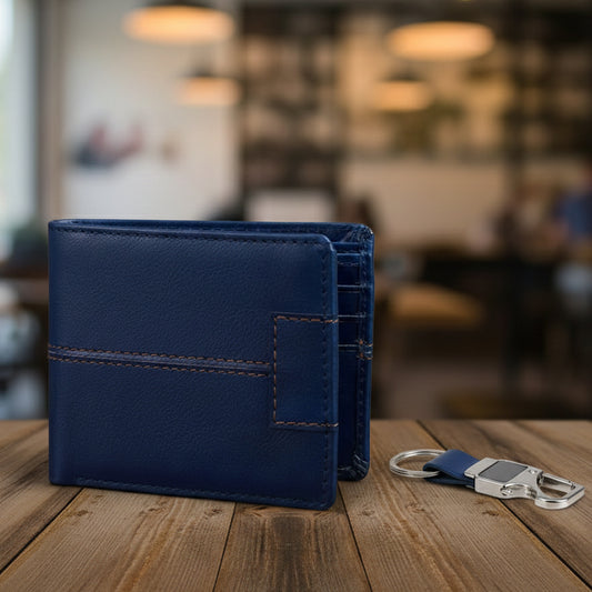 Premium Navy Blue Bi-Fold Wallet and Personalized Keychain Gift Set