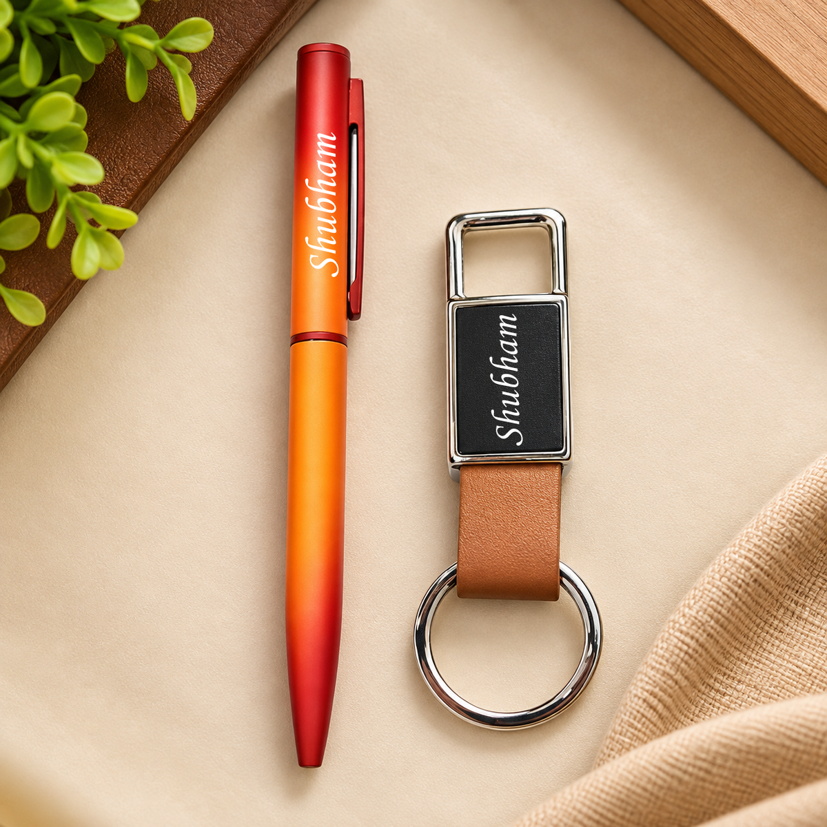 Personalized Pen & Keychain set | Tan