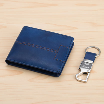 Premium Navy Blue Bi-Fold Wallet and Personalized Keychain Gift Set