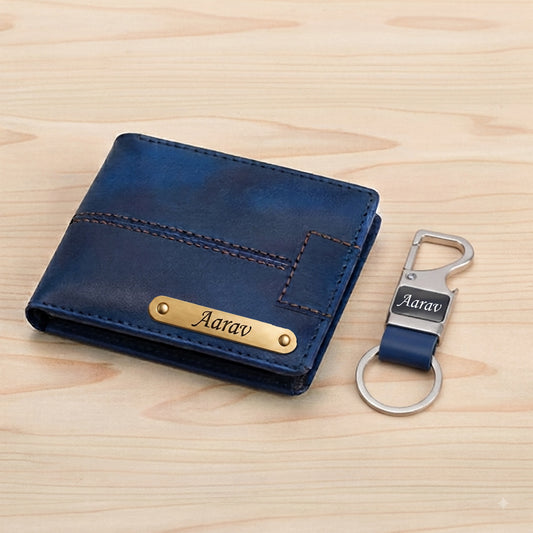Premium Navy Blue Bi-Fold Wallet and Personalized Keychain Gift Set