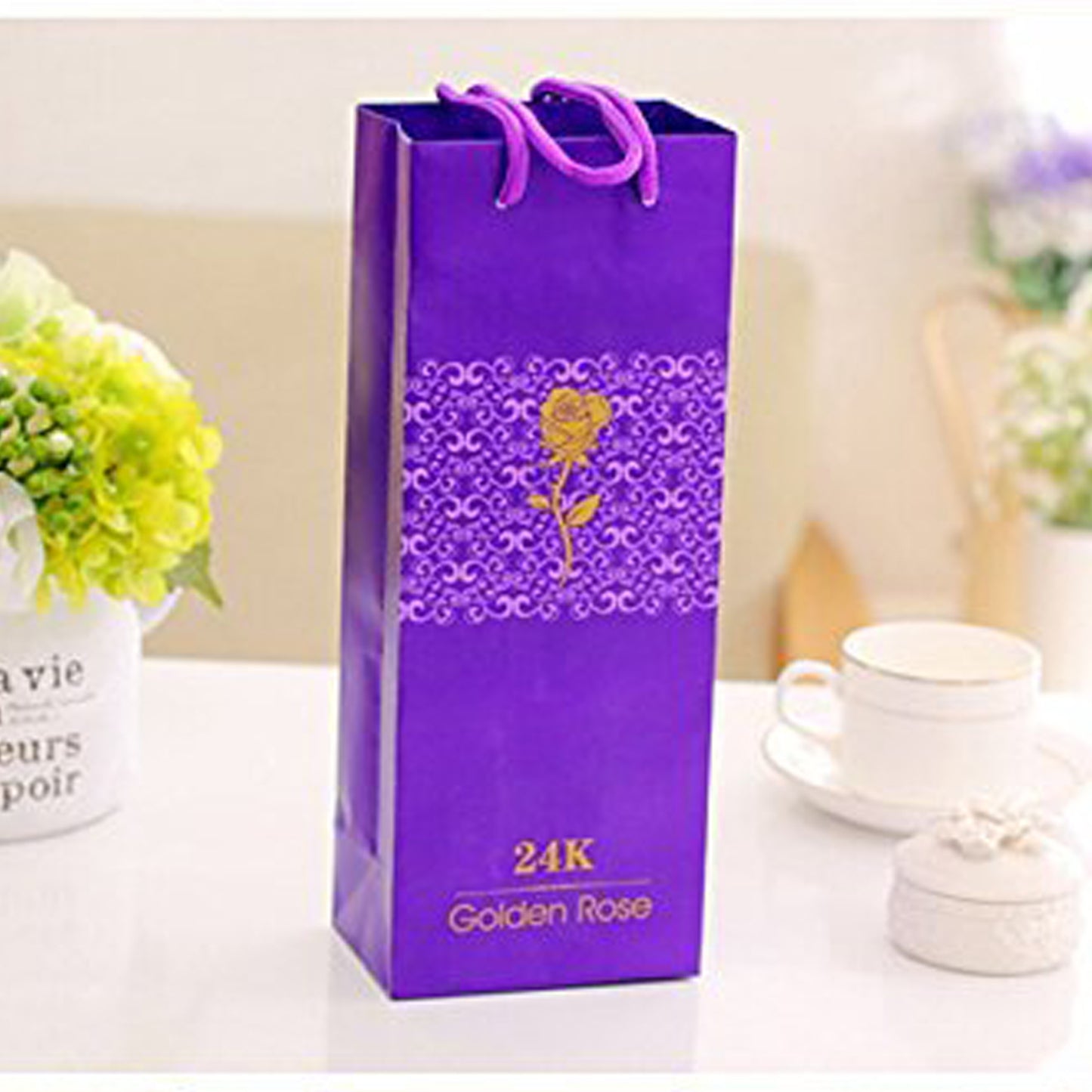 Artificial Rose And Gift Box And Carry Bag (Golden)