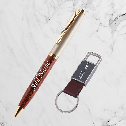 Personalized Pen & Keychain set | Tan