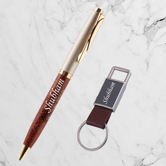 Personalized Pen & Keychain set | Tan