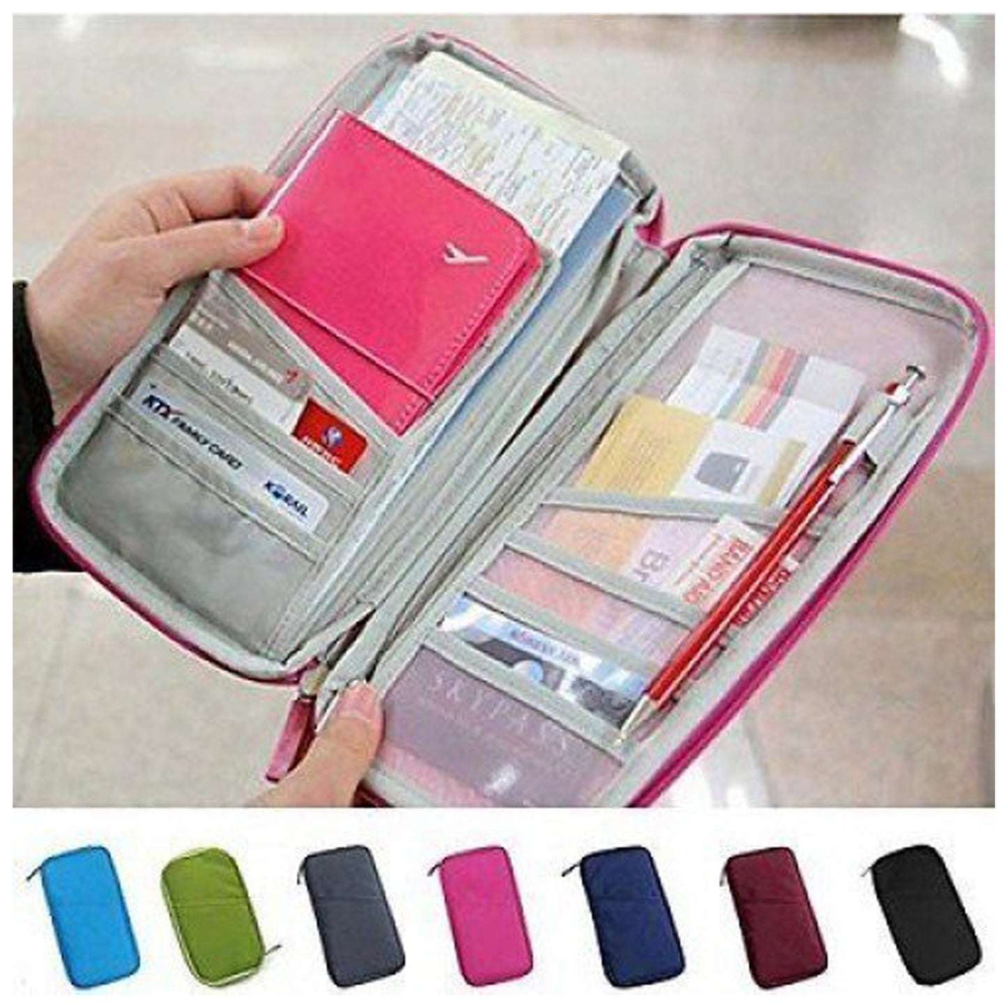 Long Travel Passport Hoder Wallet Case with Zip for Credit Debit Card Ticket Coins Money Cash Currency Boarding Pass Pen Light Pink