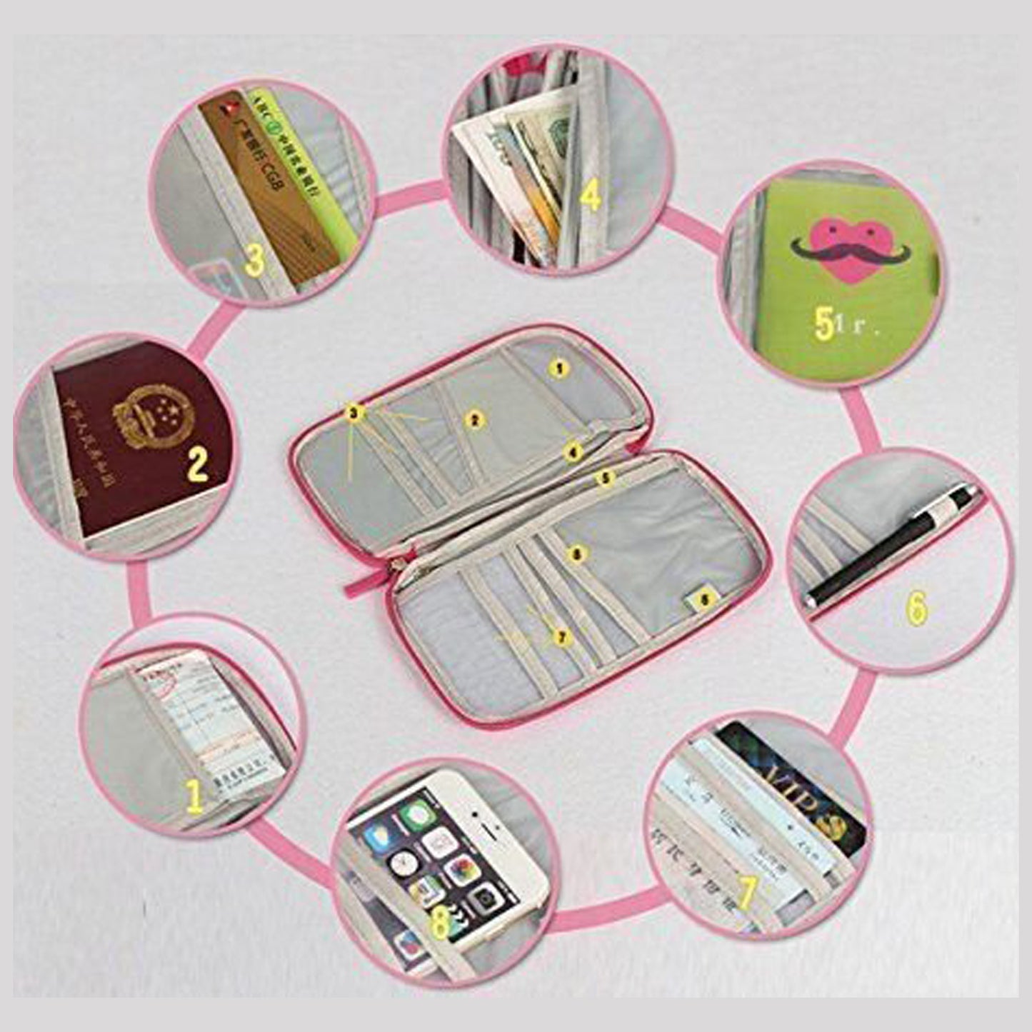 Long Travel Passport Hoder Wallet Case with Zip for Credit Debit Card Ticket Coins Money Cash Currency Boarding Pass Pen Light Pink