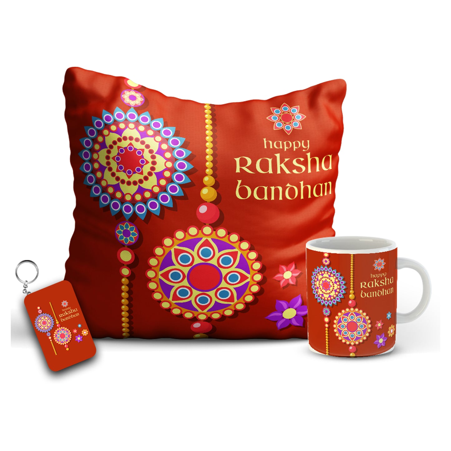 Happy Raksha Bandhan gift Combo includes Mug, Key chain, 12x12 Cushion with filler | Combo15