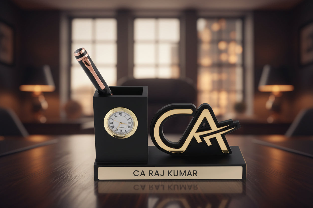 Personalized CA pen stand with Analog Clock and Engraved Name