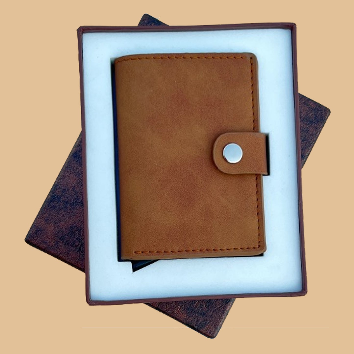Personalized Tan Vegan Leather RFID Pop Up Wallet for Men & Women