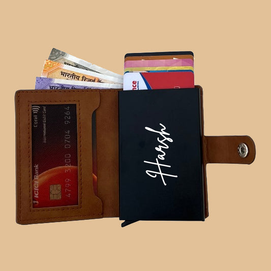 Personalized Tan Vegan Leather RFID Pop Up Wallet for Men & Women