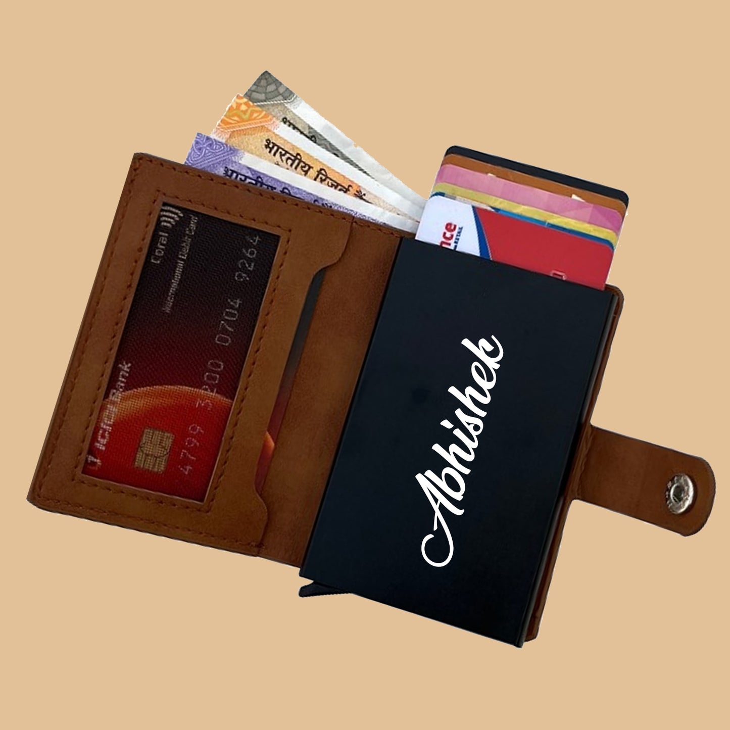 Personalized Tan Vegan Leather RFID Pop Up Wallet for Men & Women