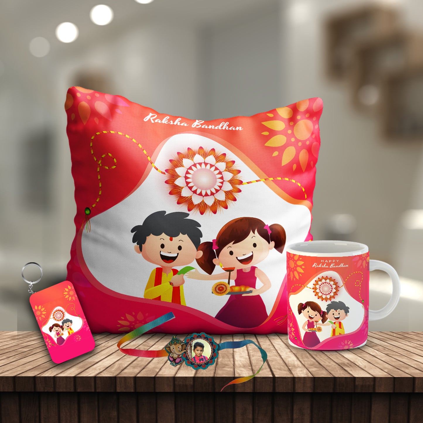 Happy Raksha Bandhan gift Combo includes Mug, Key chain, 12x12 Cushion with filler | Combo17