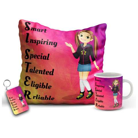 Sister Gift Combo includes Mug, Key chain, 12x12 Cushion with filler | Combo4