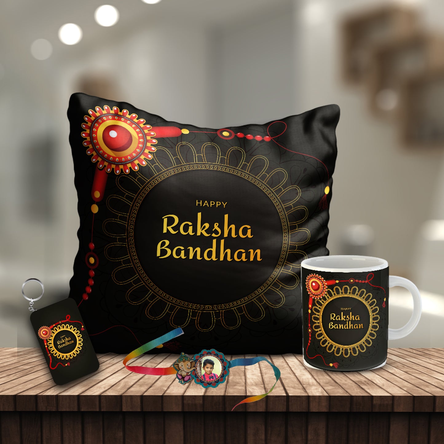 Happy Raksha Bandhan gift Combo includes Mug, Key chain, 12x12 Cushion with filler | Combo16