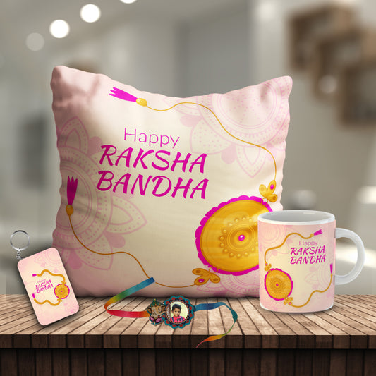 Happy Raksha Bandhan gift Combo includes Mug, Key chain, 12x12 Cushion with filler | Combo18