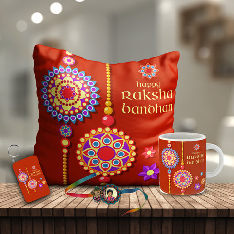 Happy Raksha Bandhan gift Combo includes Mug, Key chain, 12x12 Cushion with filler | Combo15
